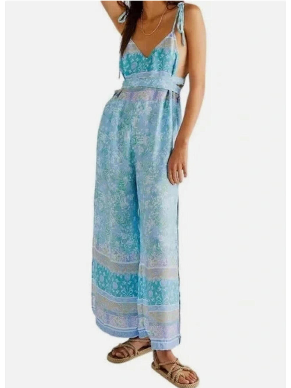 Free‎ People sz L Green Leona Mix Floral Wide Leg Boho Sleeveless Jumpsuit #3419